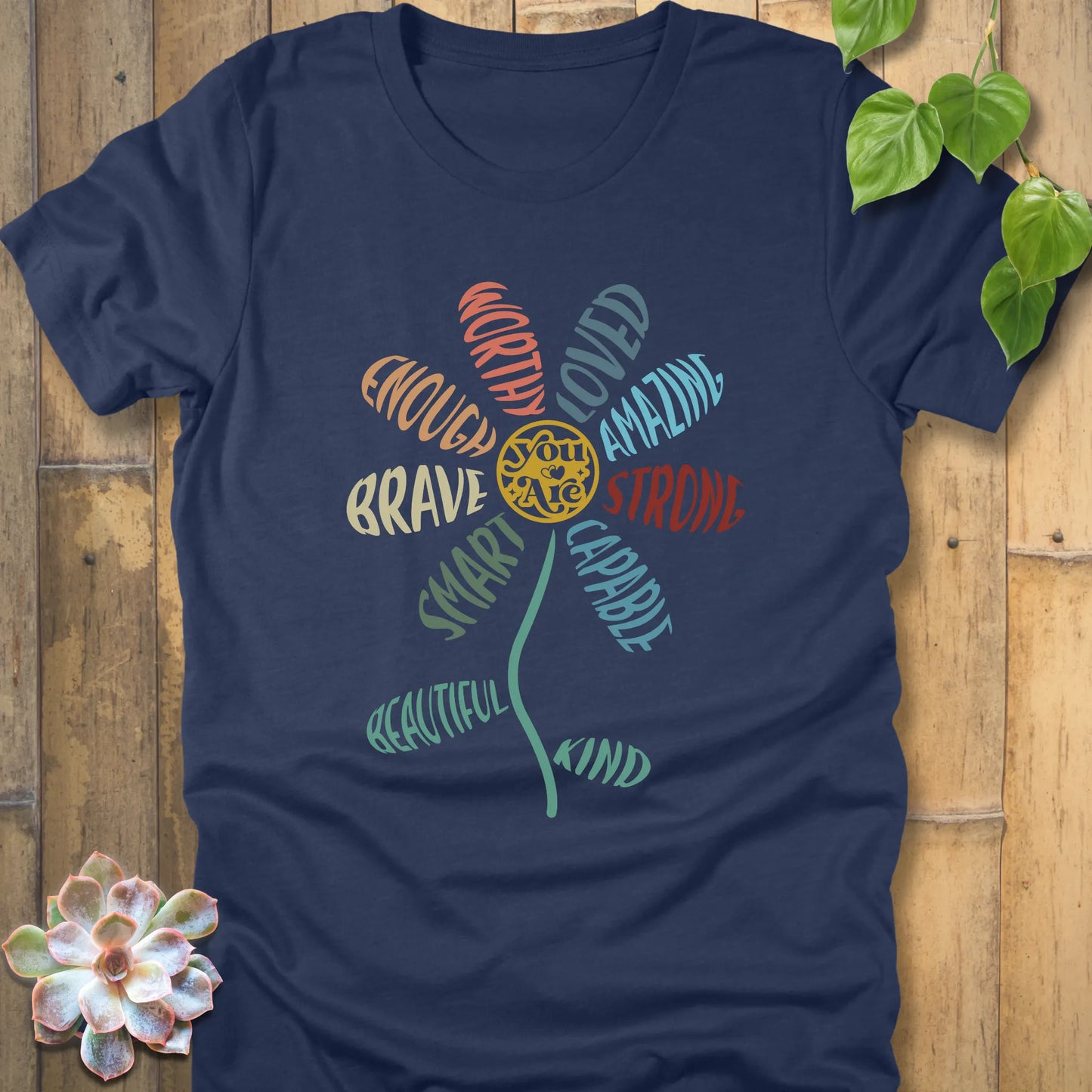 Heather Navy t-shirt featuring the design You Are with a sunflower and text print floral graphic t-shirt