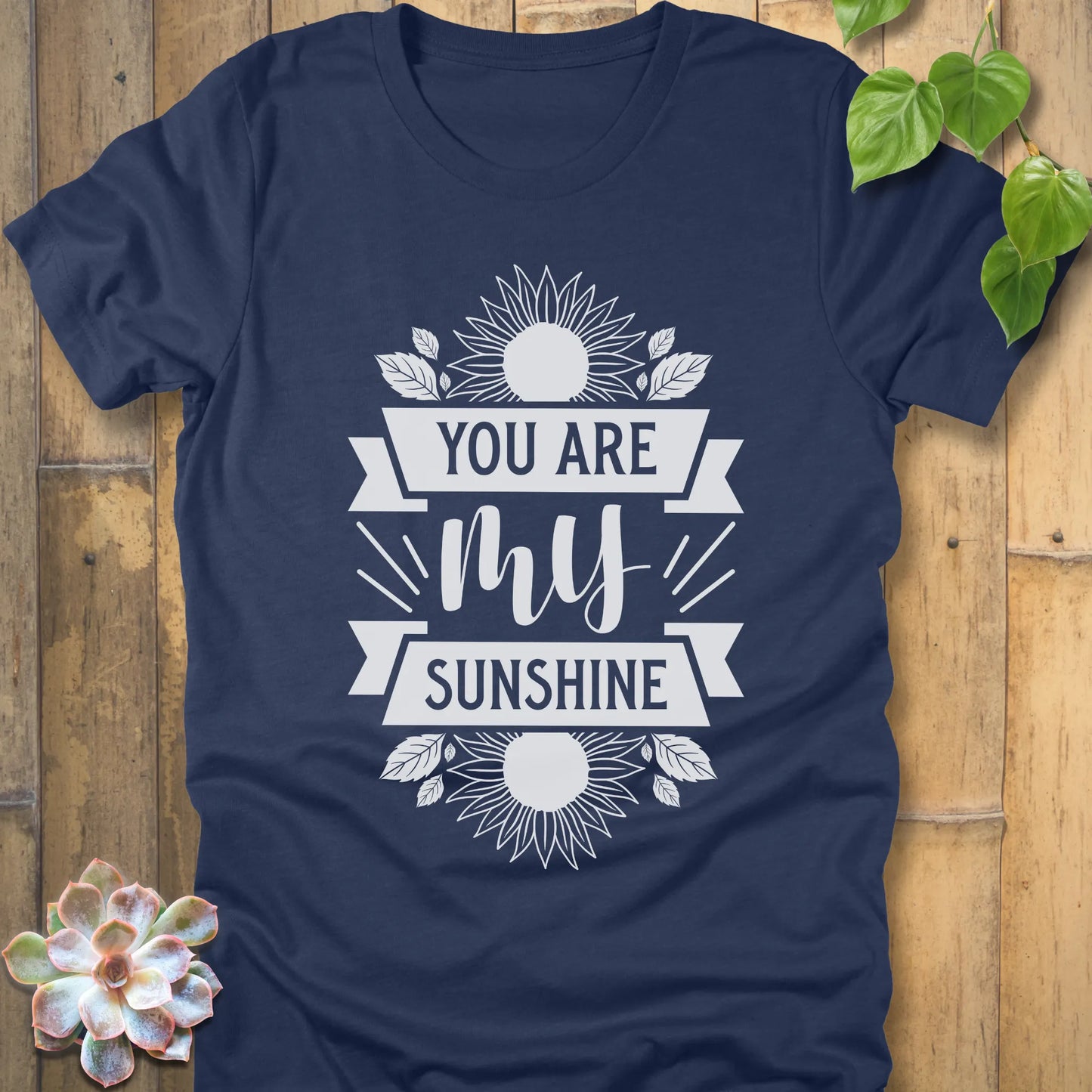 Heather Navy t-shirt featuring the design You are my sunshine printed in bold letters with a sunflower graphic
