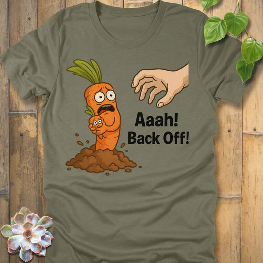 Heather Olive t-shirt featuring the design Back Off! printed in bold black letters, funny graphic tee.
