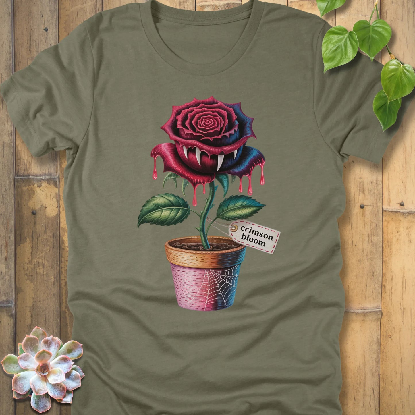 Heather Olive t-shirt featuring the design Crimson Bloom printed with Halloween Rose 