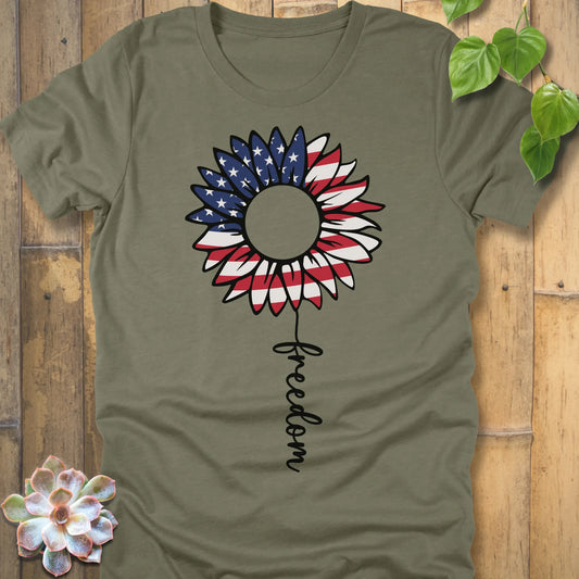 Heather Olive t-shirt featuring the design Patriotic Sunflower printed white and blue, USA flower shirt.