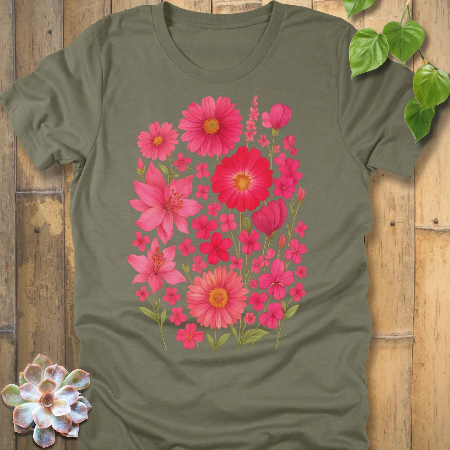 Heather Olive t-shirt featuring the design Pink Blossom printed in soft floral style, casual flower shirt.
