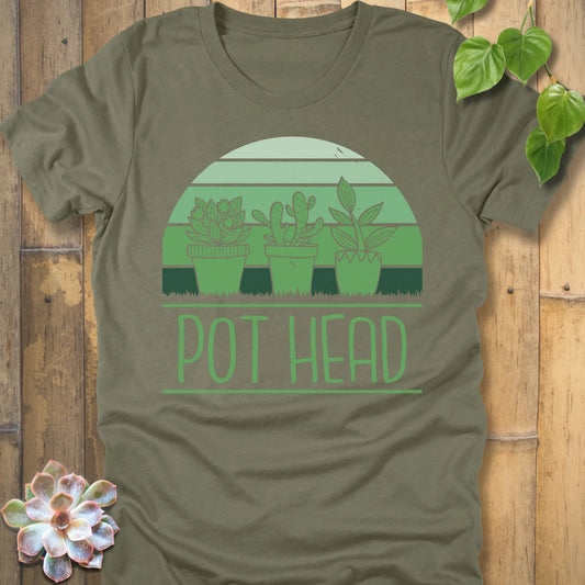 Heather Olive t-shirt featuring the design Pot Head printed in bold letters and 3 different plant in the pots, funny plant lover shirt.