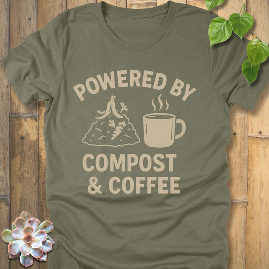 Heather Olive t-shirt featuring the design Powered By Compost & Coffee printed in bold letters with mug of coffee