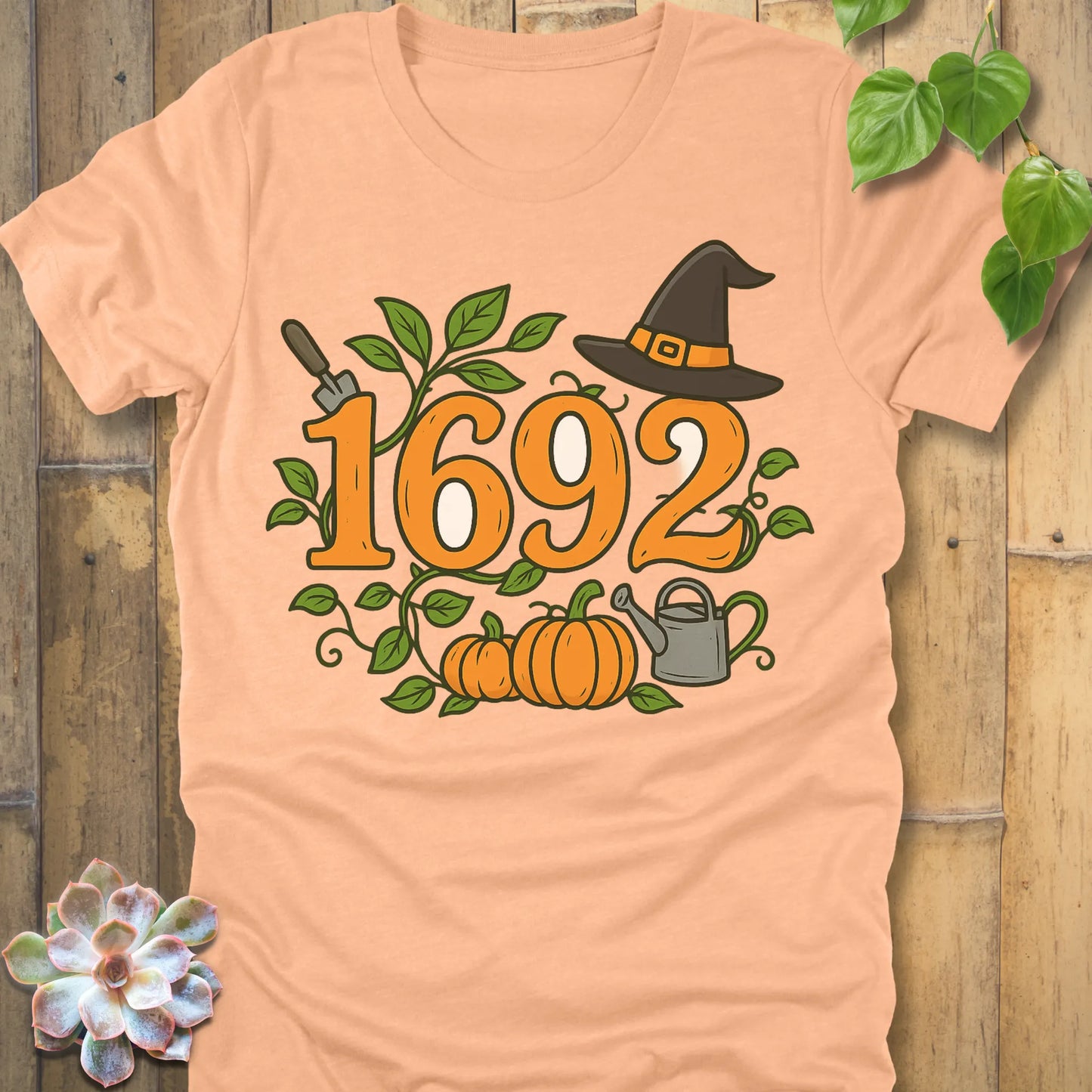 Heather Peach t-shirt featuring the design 1692 Halloween printed in spooky witch design shirt.