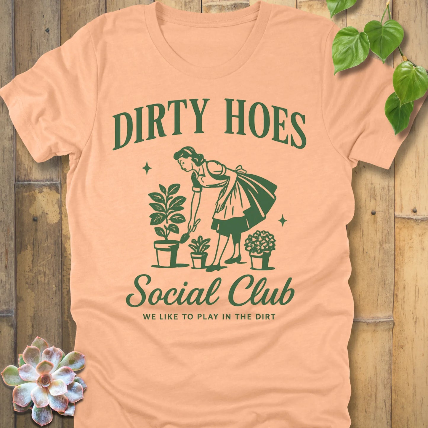 Heather Peach t-shirt featuring the design Dirty Hoes printed in funny gardening shirt.