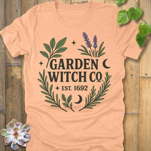 Heather Peach t-shirt featuring the design Garden Witch printed in witchy garden shirt.
