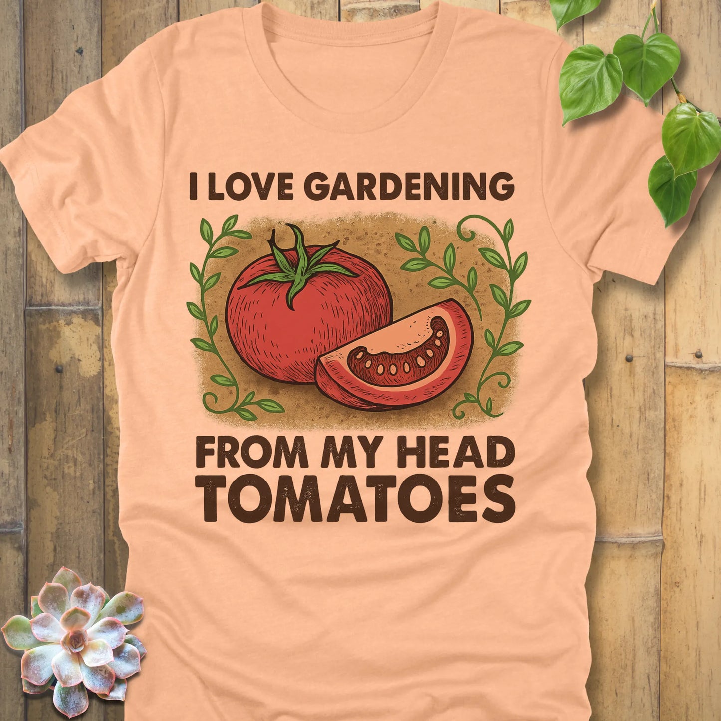 Heather Peach t-shirt featuring the design I Love Gardening printed in bold letters, perfect plant lover shirt