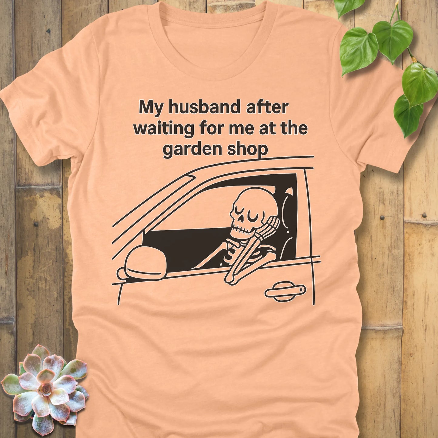 Heather Peach t-shirt featuring the design My Husband printed funny skeleton graphic shirt