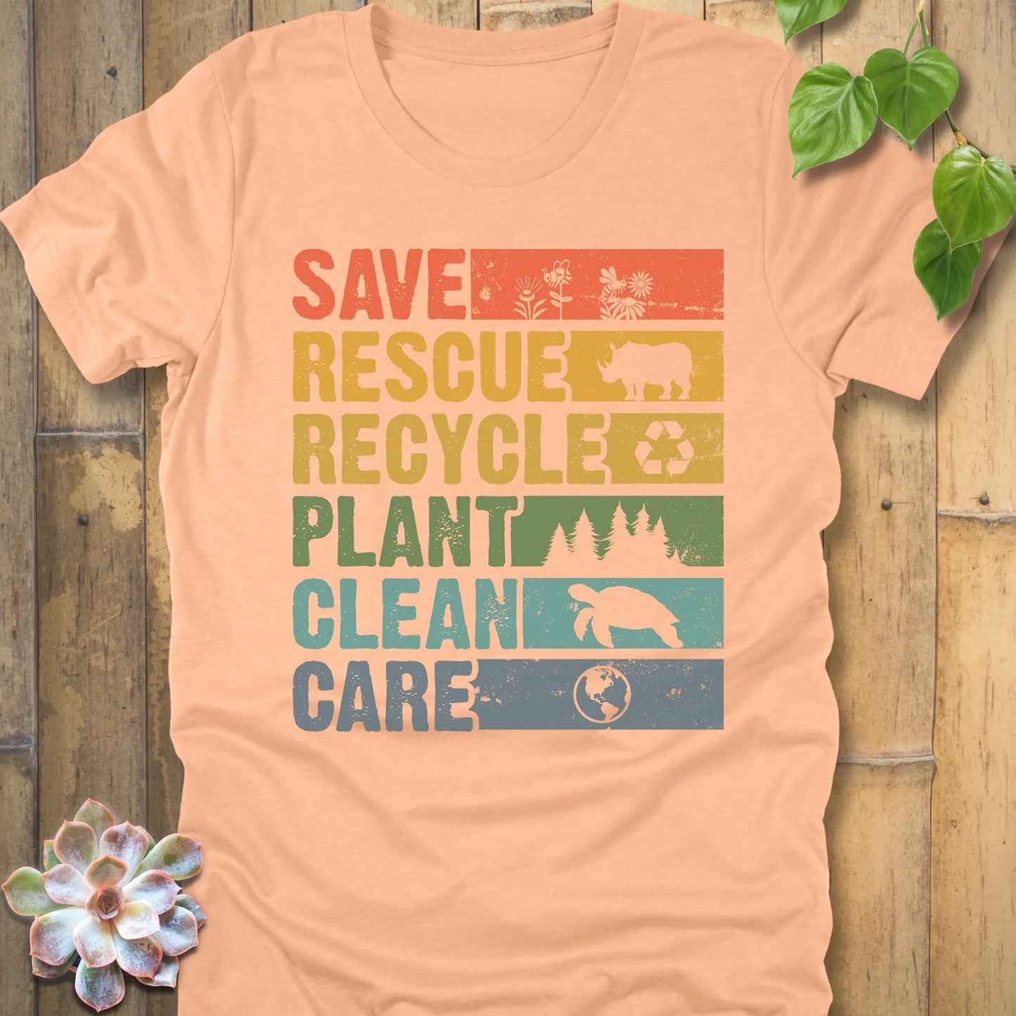 Heather Peach t-shirt featuring the design Save, Rescue, Recycle, Plant, Clean, Care printed in bold colored letters