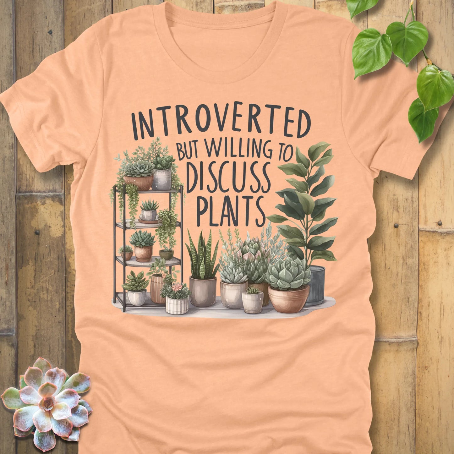 Heather Peach t-shirt featuring the design Willing To Discuss Plants printed in bold black letters, funny plant lover shirt.