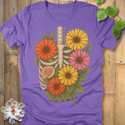 Heather Team Purple t-shirt featuring the design Gerbera Bones halloween floral skeleton graphic tee.