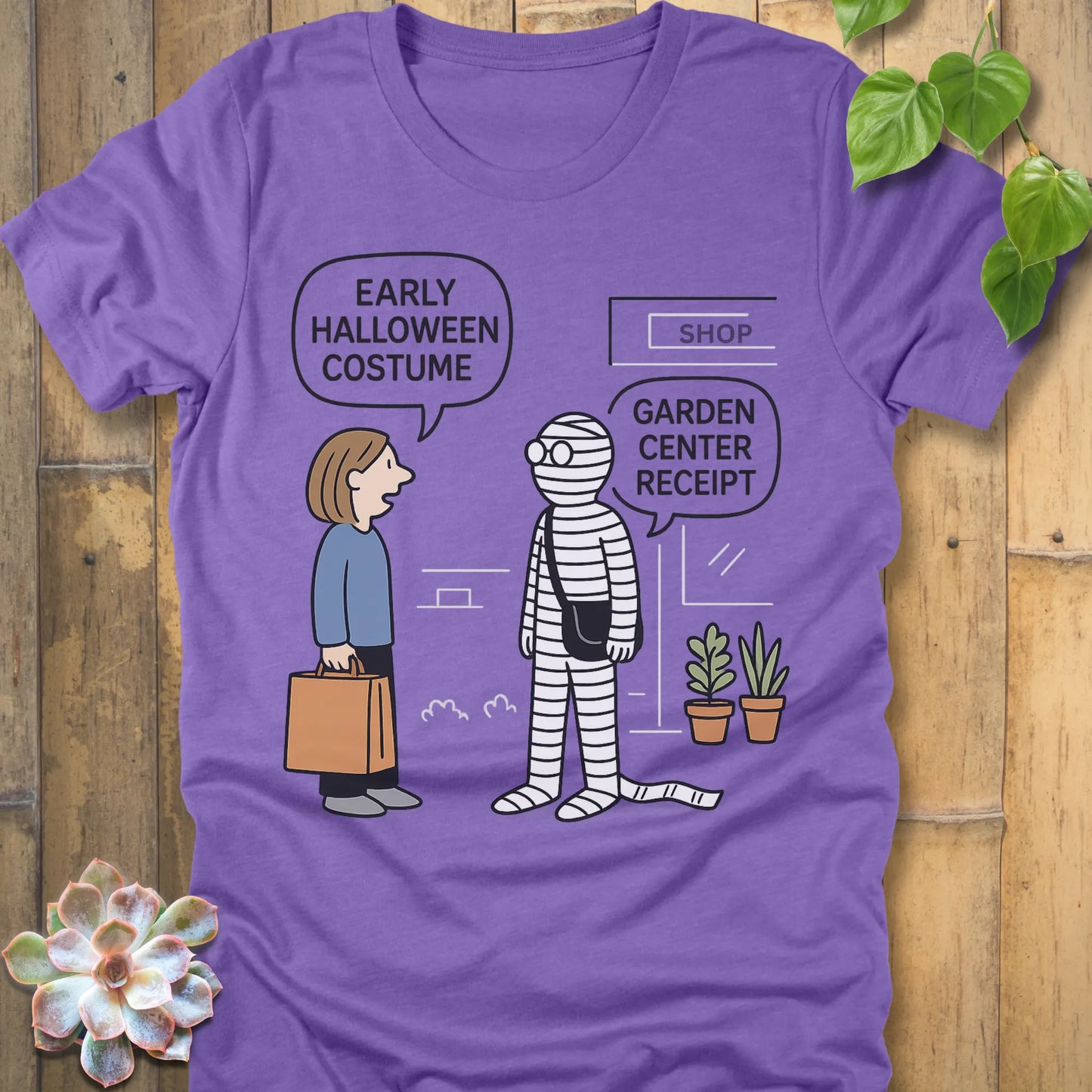 Heather Team Purple t-shirt featuring the design Halloween Costume printed in bold black letters, funny Halloween shirt.