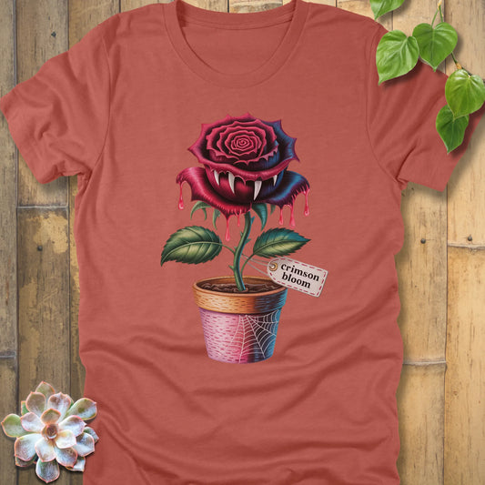 Heather clay t-shirt featuring the design Crimson Bloom printed with Halloween Rose 