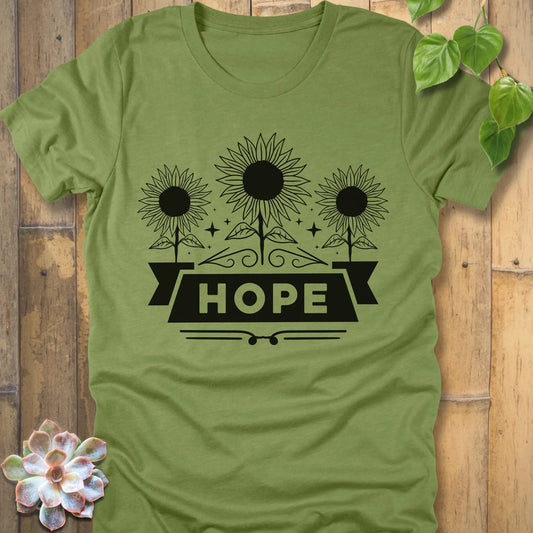 Heather green t-shirt featuring the design Hope with bold letters and 3 sunflower print