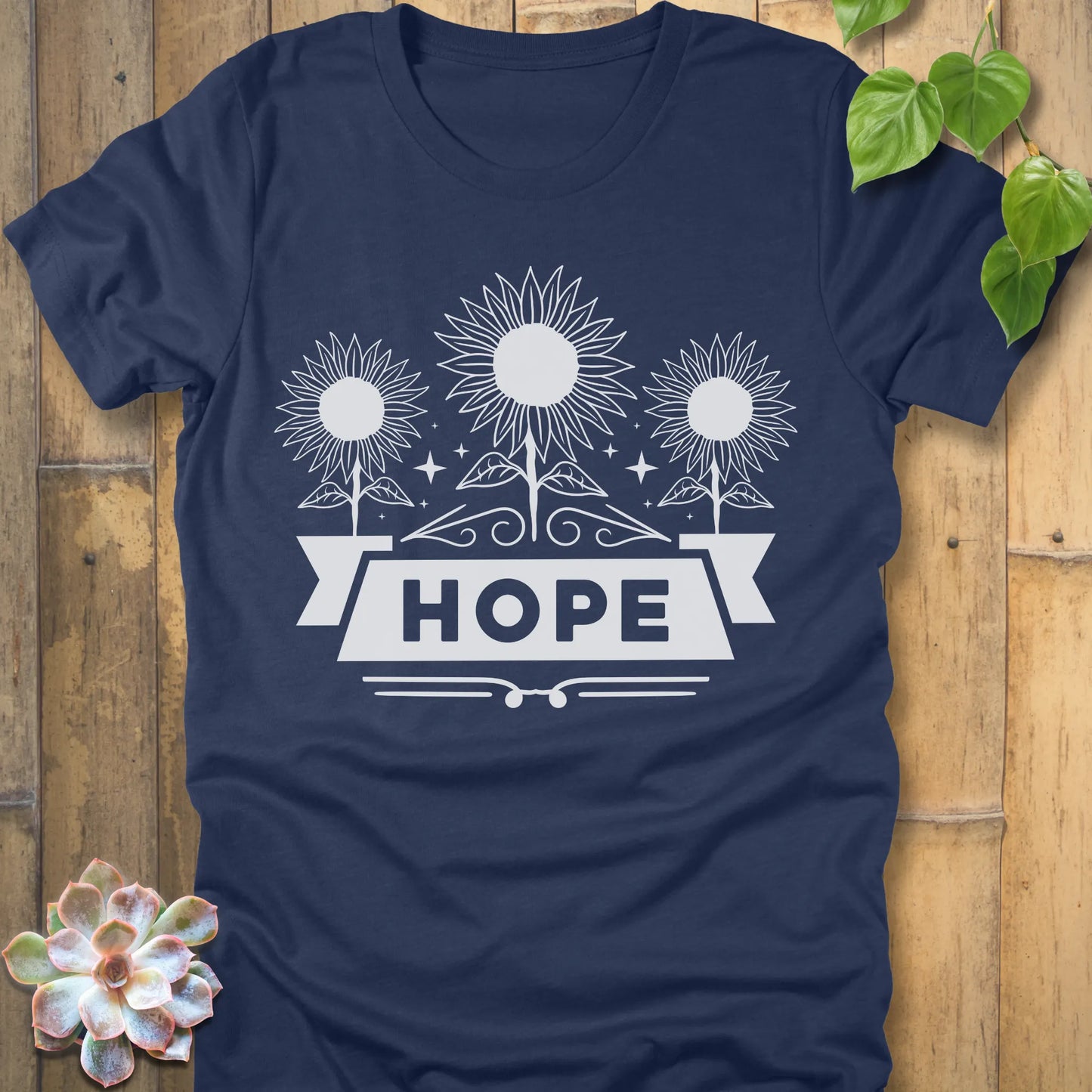 Heather navy t-shirt featuring the design Hope with bold letters and 3 sunflower print