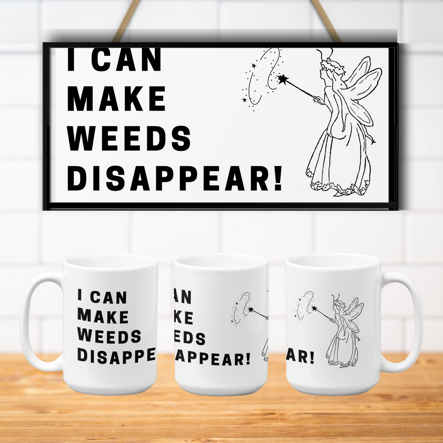 Novelty Coffee Mugs for Gardeners, funny coffee cup with the saying "I Can Make Weeds Disappear" on it