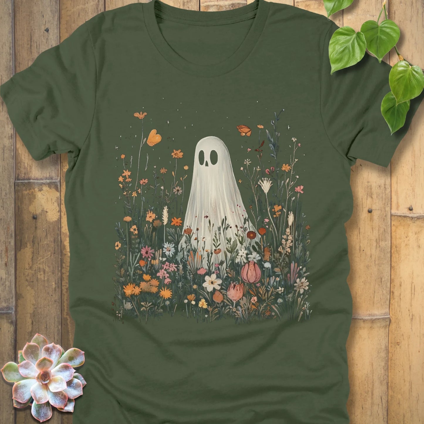 Military Green t-shirt featuring the design Among the Wildflowers printed with a ghost in garden