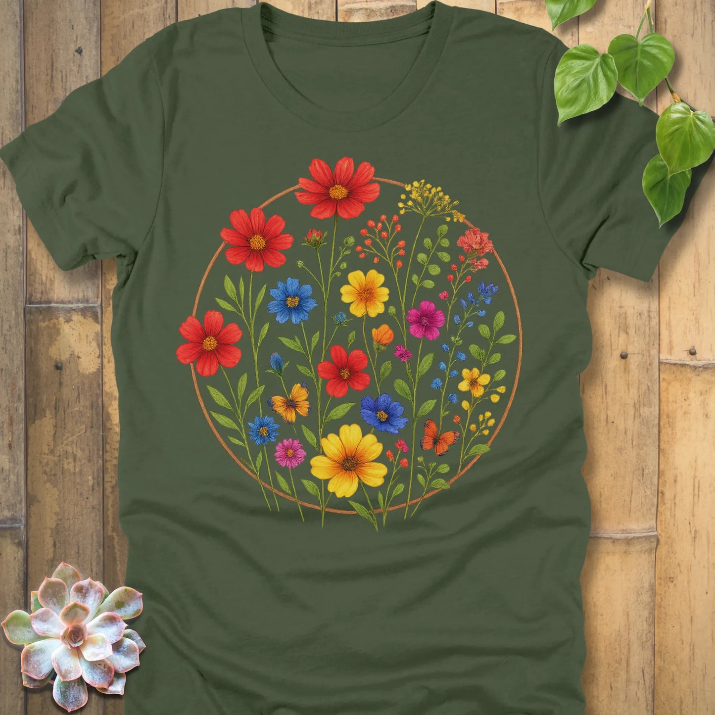 Military Green t-shirt featuring the design Circle of Flowers printed in colourful floral artwork, casual garden shirt.