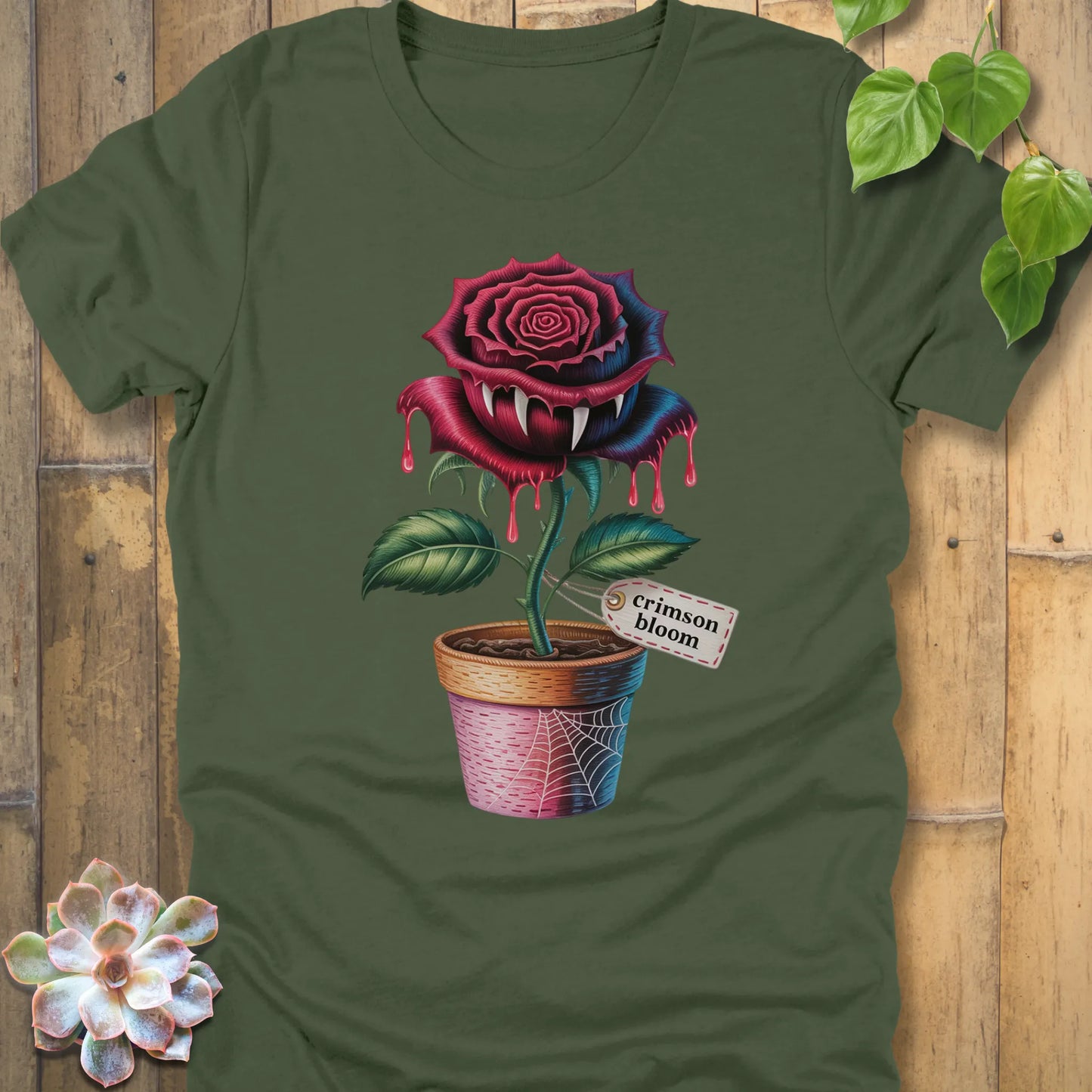 Military Green t-shirt featuring the design Crimson Bloom printed with Halloween Rose 
