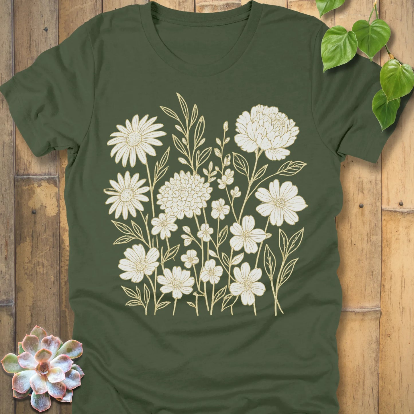 Military Green t-shirt featuring the design Eternal Flowers printed floral graphic tee.