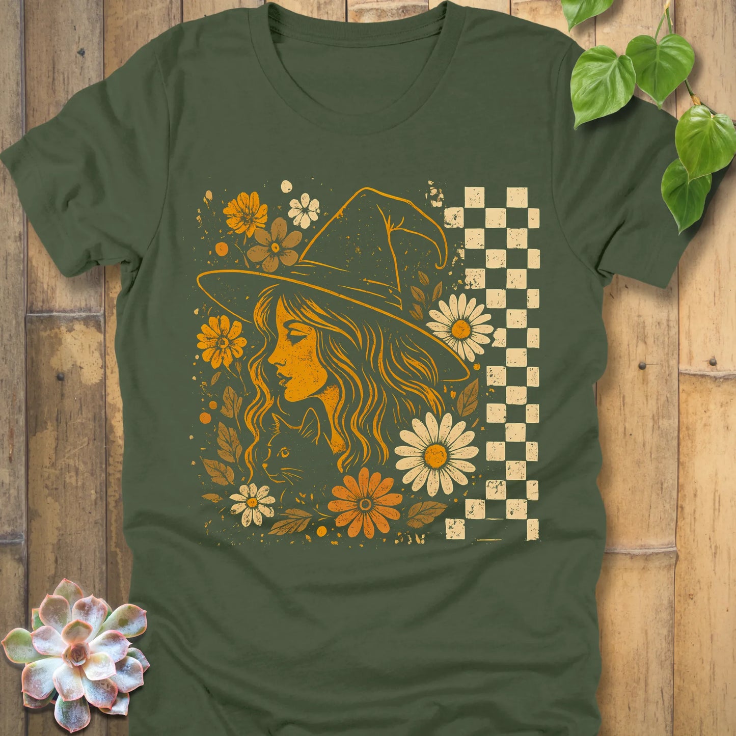 Military Green t-shirt featuring the design Garden Witch Vibes printed with a witch and flowers