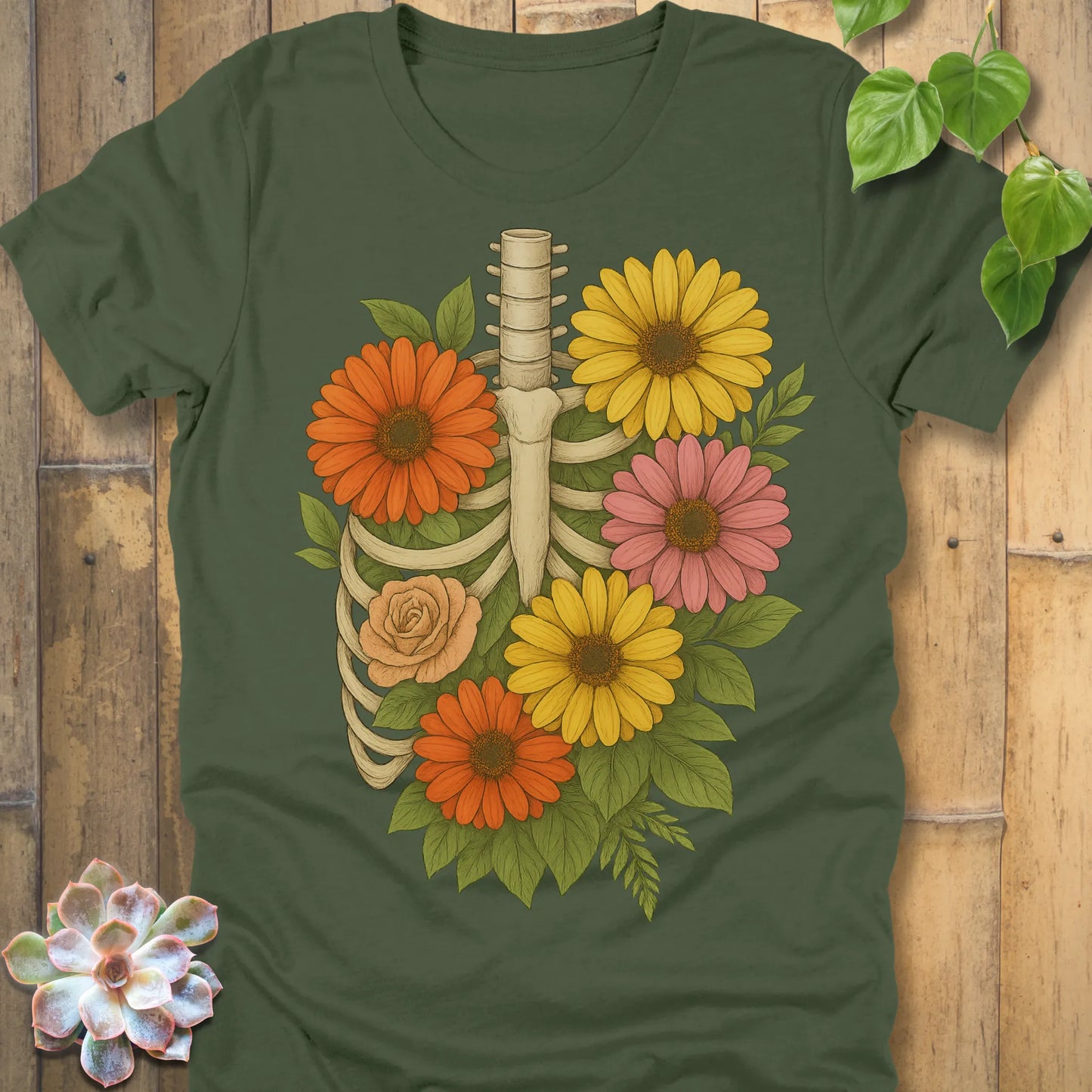 Military Green t-shirt featuring the design Gerbera Bones halloween floral skeleton graphic tee.