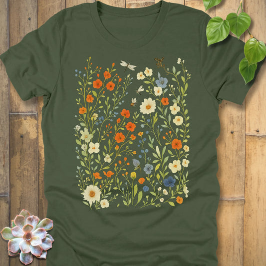 Military Green t-shirt featuring the design Meadow Magic printed floral graphic tee.
