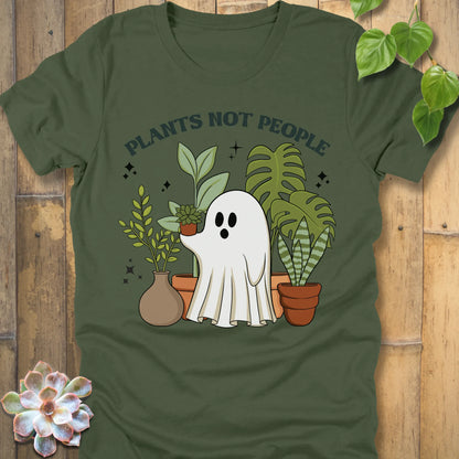 Military Green t-shirt featuring the design Plants Not People printed in bold letters with halloween design a ghost holding plants