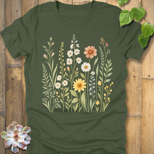 Military Green t-shirt featuring the design Wildflower Meadow printed in soft floral colours, nature inspired shirt.