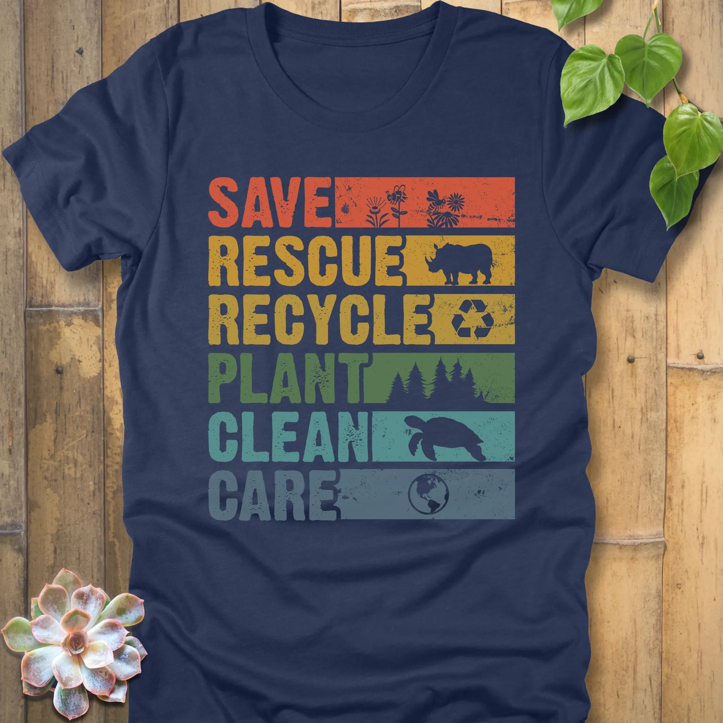 Military Navy t-shirt featuring the design Save, Rescue, Recycle, Plant, Clean, Care printed in bold colored letters