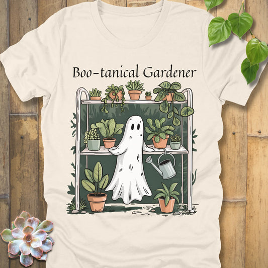 Natural t-shirt featuring the design Boo – tanical Gardener printed in black letters and a ghost in garden