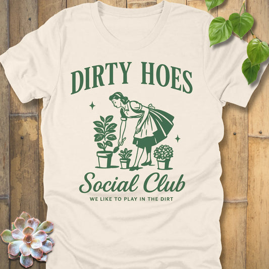 Natural t-shirt featuring the design Dirty Hoes printed in funny gardening shirt.