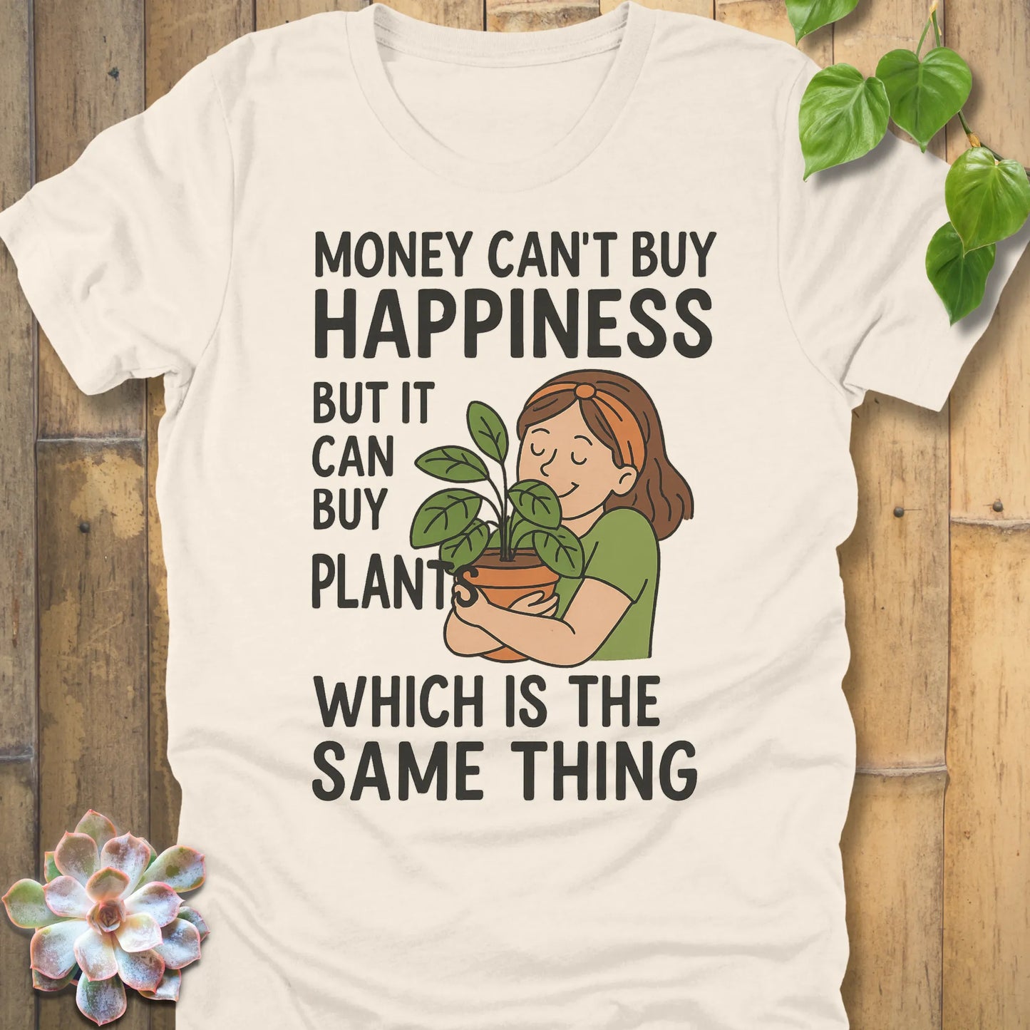 Natural t-shirt featuring the design Money Can Buy Happiness printed in bold black letters, casual streetwear shirt.