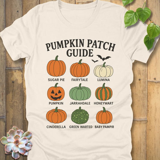 Natural t-shirt featuring the design Pumpkin Patch Guide printed in bold black letters and pumpkin