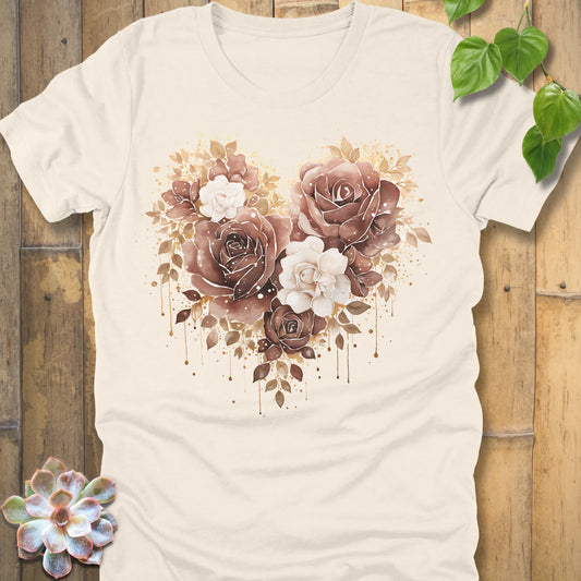 Natural t-shirt featuring the design Rose Loveheart printed in heart roses, romantic floral shirt.