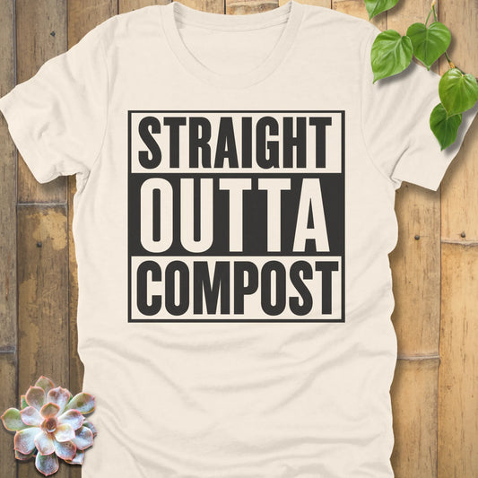 Natural t-shirt featuring the design Straight Outta Compost printed in bold letters, funny gardening shirt.