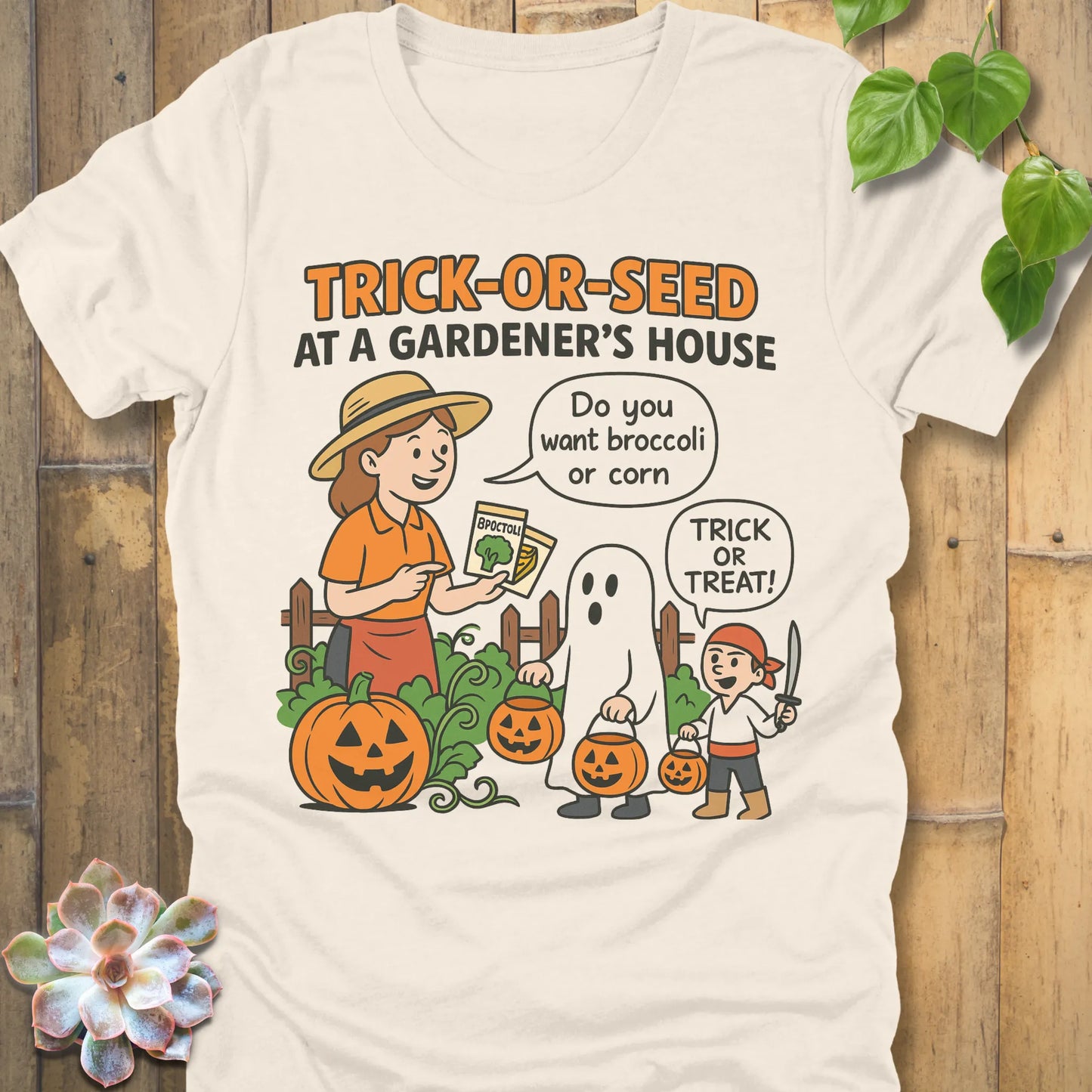 Natural t-shirt featuring the design Trick Or Seed printed in funny Halloween gardening shirt.