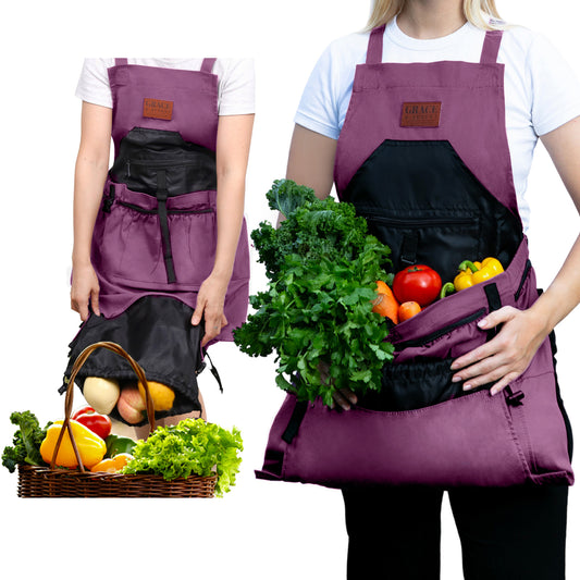 Garden Apron, Gardening Apron with Pockets - Canvas & Adjustable, Great Gift for Gardeners - Aubergine