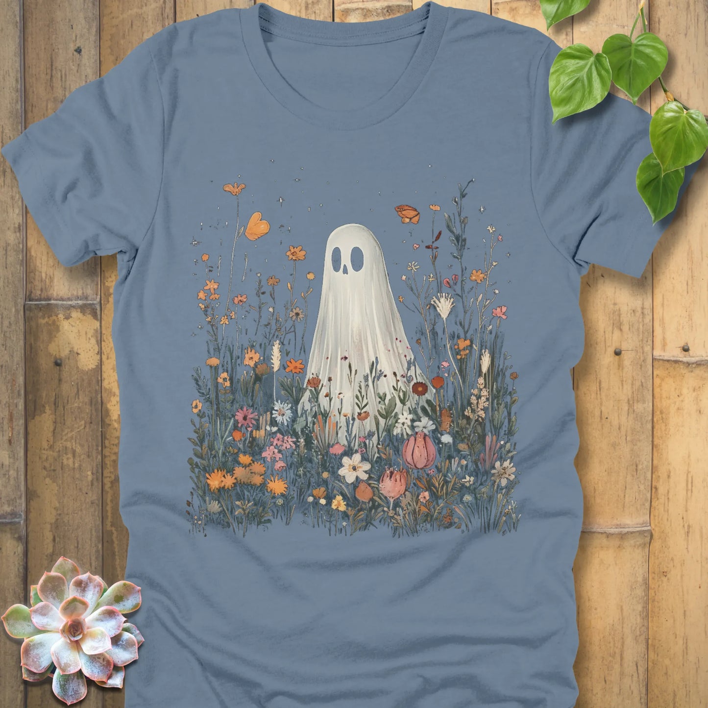 Steel Blue t-shirt featuring the design Among the Wildflowers printed with a ghost in garden
