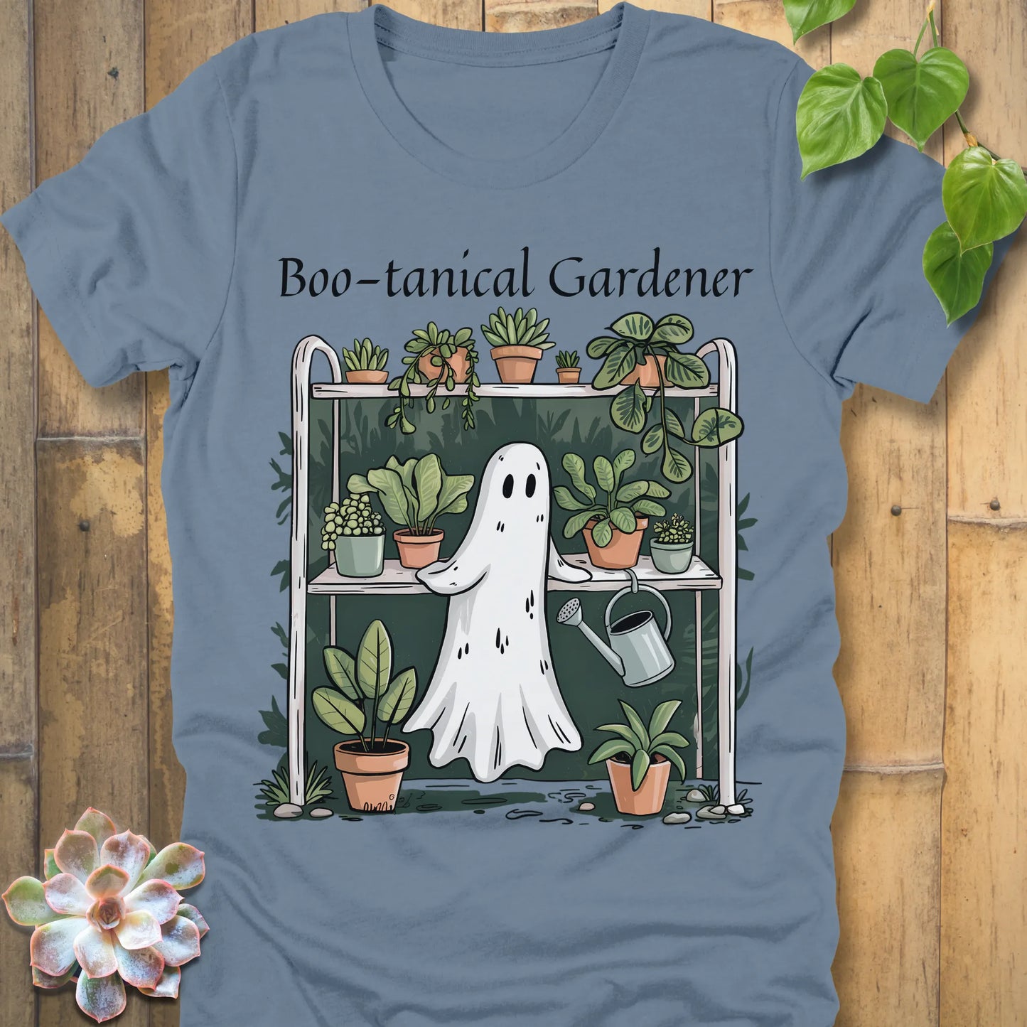 Steel Blue t-shirt featuring the design Boo – tanical Gardener printed in black letters and a ghost in garden