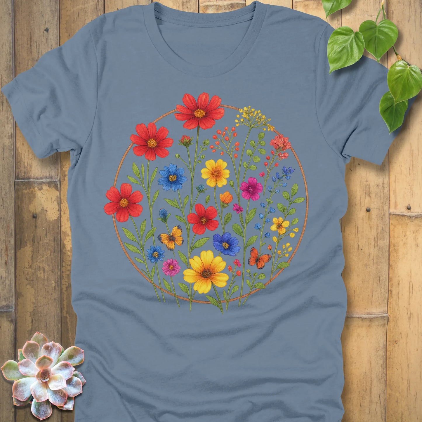 Steel Blue t-shirt featuring the design Circle of Flowers printed in colourful floral artwork, casual garden shirt.