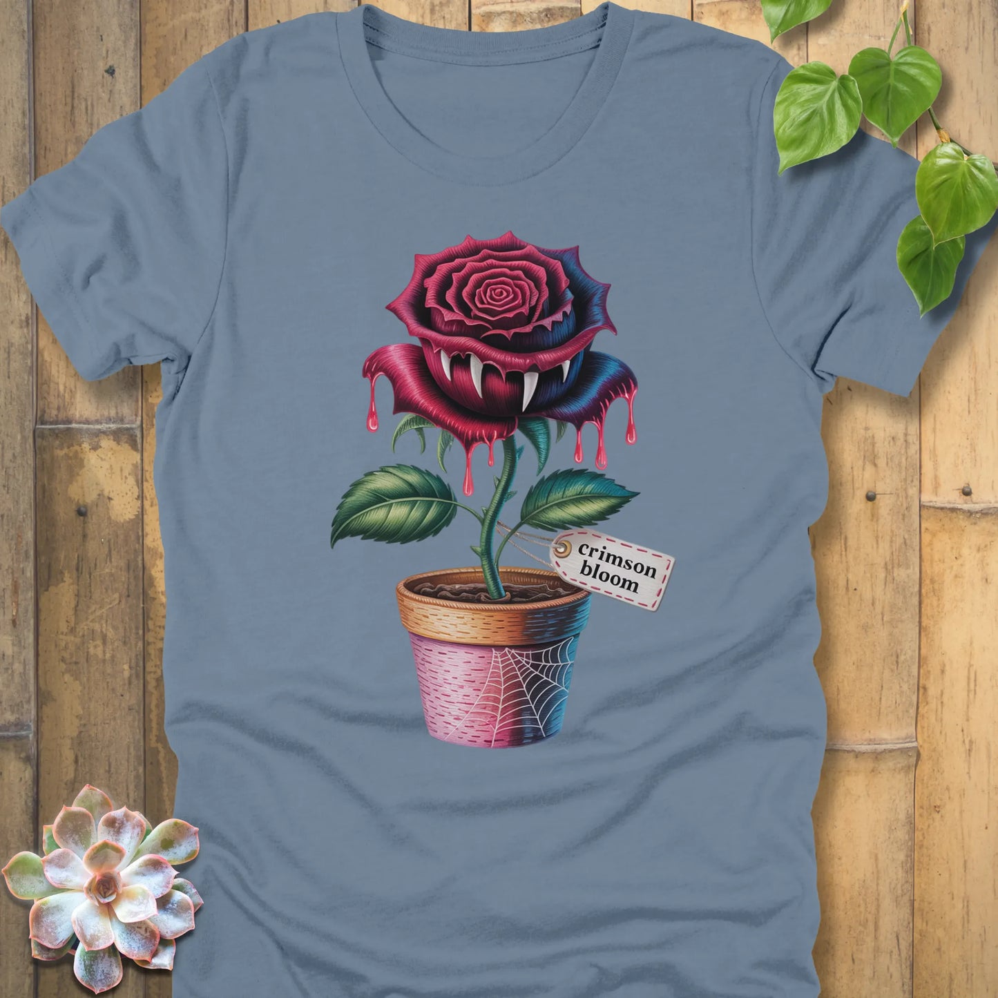 Steel Blue t-shirt featuring the design Crimson Bloom printed with Halloween Rose 
