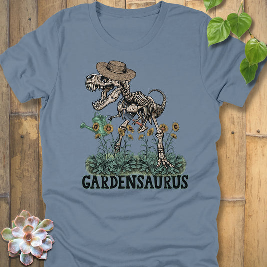 Steel Blue t-shirt featuring the design Gardensaurus printed in bold letters, funny dinosaur gardening shirt.