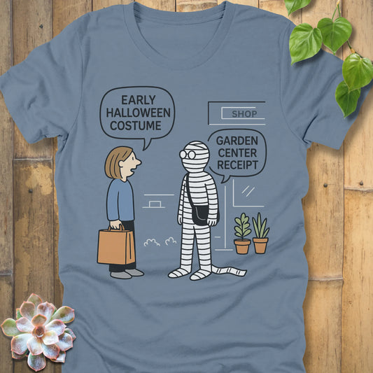 Steel Blue t-shirt featuring the design Halloween Costume printed in bold black letters, funny Halloween shirt.