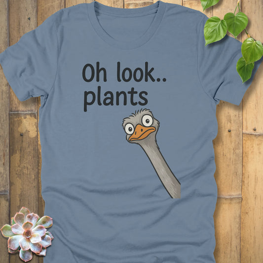 Steel Blue t-shirt featuring the design Oh Look Plants printed in black letters, with animal.