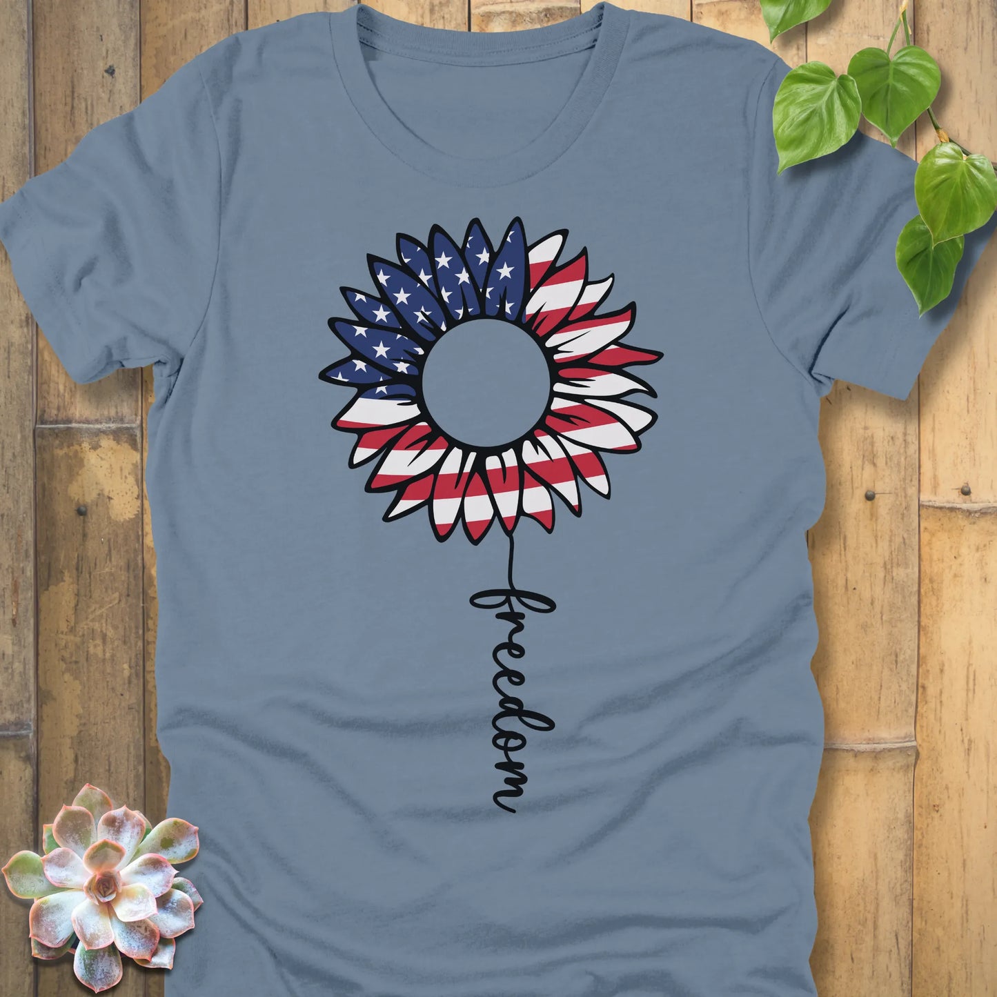 Steel Blue t-shirt featuring the design Patriotic Sunflower printed white and blue, USA flower shirt.