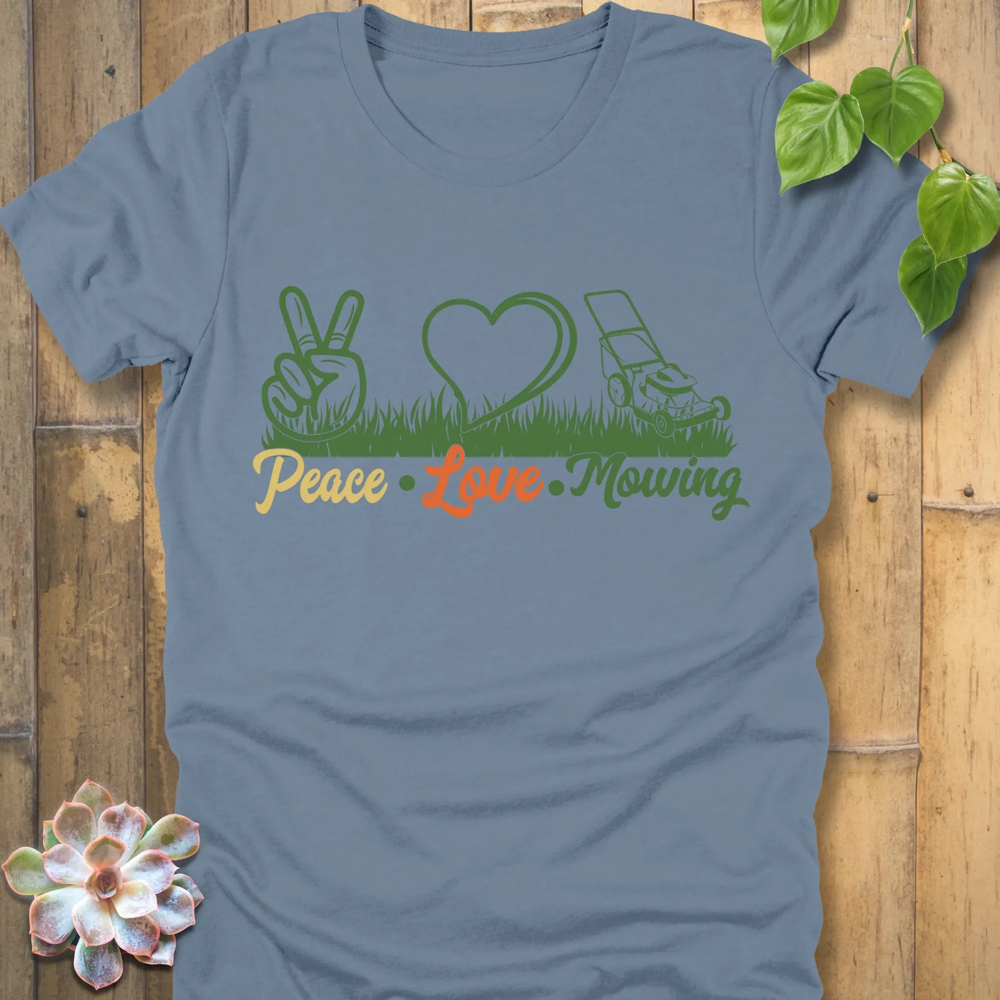Steel Blue t-shirt featuring the design Peace, Love, Mowing with peace sign, heart and mower