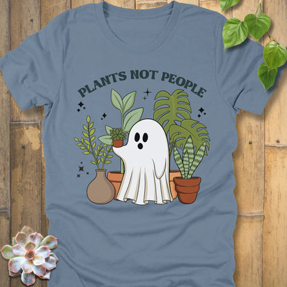 Steel Blue t-shirt featuring the design Plants Not People printed in bold letters with halloween design a ghost holding plants