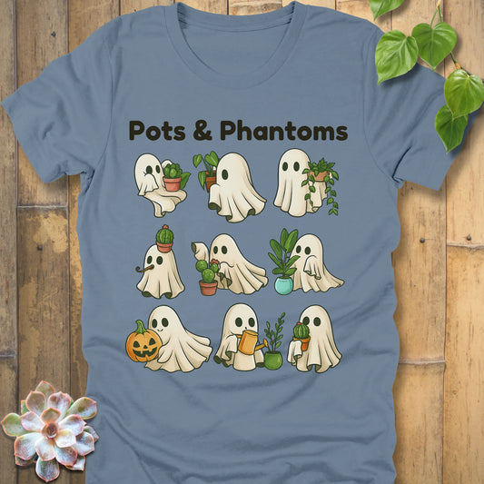 Steel Blue t-shirt featuring the design Pots & Phantoms printed in  black letters and a ghost holding a plants, pumpkin and water sprinkler